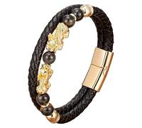 HUIANGLIYG Pulsera De Cuero Trenzado Negro Pi Xiu Para Hombre, Con Cuentas De Piedra Natural Y Cierre Magnético. Amuleto De La Suerte Feng Shui. Joyería Para Hombre Y Mujer. Color Dorado. 19 Cm.
