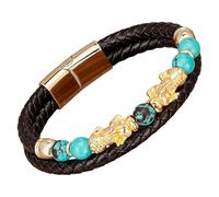 HUIANGLIYG Pulsera De Cuero Trenzado Negro Pi Xiu Para Hombre, Con Cuentas De Piedra Natural Y Cierre Magnético. Amuleto De La Suerte Feng Shui. Joyería Para Hombre Y Mujer. Color Dorado. 23 Cm.
