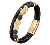 HUIANGLIYG Pulsera De Cuero Trenzado Negro Pi Xiu Para Hombre, Con Cuentas De Piedra Natural Y Cierre Magnético. Amuleto De La Suerte Feng Shui. Joyería Para Hombre Y Mujer. Color Dorado. 23 Cm.