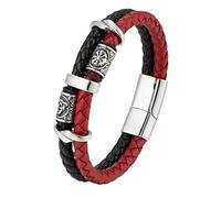 HUIANGLIYG Pulsera de Cuero Viking Compass para Hombres Brazalete Trenzada de Doble Fila con Dijes y Cierre Magnético Pulsera de Estilo Retro para Hombre Regalo para Novio Hermano Padre Negro Rojo