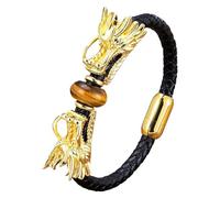 HUIANGLIYG Pulsera De Cuero Vikingo Con Dragón Para Hombre, Brazalete De Cuero Trenzado Negro Con Doble Cabeza De Dragón, Joyería Punk, Regalo Tiger-Eye-2, 23 Cm