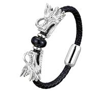 HUIANGLIYG Pulsera De Cuero Vikingo Con Dragón Para Hombre, Brazalete De Cuero Trenzado Negro Con Doble Cabeza De Dragón, Joyería Punk, Regalo, Ónix Negro, 1, 21 Cm