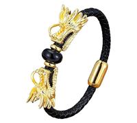 HUIANGLIYG Pulsera De Cuero Vikingo Con Dragón Para Hombre, Brazalete De Cuero Trenzado Negro Con Doble Cabeza De Dragón, Joyería Punk, Regalo Black-Onyx-2, 21 Cm