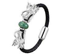 HUIANGLIYG Pulsera De Cuero Vikingo Con Dragón Para Hombre, Brazalete De Cuero Trenzado Negro Con Doble Cabeza De Dragón, Joyería Punk, Regalo, Verde Aventurina, 19 Cm