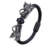 HUIANGLIYG Pulsera De Cuero Vikingo Con Dragón Para Hombre, Brazalete De Cuero Trenzado Negro Con Doble Cabeza De Dragón, Joyería Punk, Regalo, Ónix Negro, 3, 21 Cm