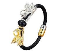 HUIANGLIYG Pulsera De Cuero Vikingo Con Dragón Para Hombre, Brazalete De Cuero Trenzado Negro Con Doble Cabeza De Dragón, Joyería Punk, Regalo, Ónix Negro, 4, 23 Cm