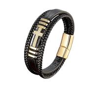 HUIANGLIYG Pulsera de Fe Masculina Pulsera de Cuero Trenzado Negro Multicapa con Cruz Cúbica de Circonia y Cierre Magnético Joyería Cristiana Clásica Regalo para Él Novio Papá Marido Oro 21Cm