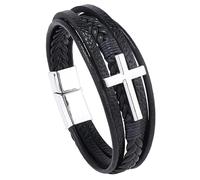 HUIANGLIYG Pulsera de Fe para Hombre, Pulsera de Cuero Genuino con Cruz Religiosa, Multicapa, Trenzada, para Uso Diario en La Iglesia, con Accesorios de Cuero Negro y Plata, 21 Cm.