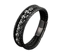 HUIANGLIYG Pulsera de Piedra Natural para Hombre, Pulsera de Cuero Trenzado Hecha A Mano y Multicapa, con Cierre Magnético, Joyería Retro de Moda Goodluck Good Luck para Él Hematita 19Cm