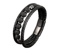 HUIANGLIYG Pulsera de Piedra Natural para Hombre, Pulsera de Cuero Trenzado Hecha A Mano y Multicapa con Cierre Magnético, Moda Joyería Retro de La Suerte Regalo para Él Volcanic Rock 23Cm