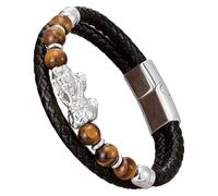 HUIANGLIYG Pulsera Feng Shui Pi Xiu Para Hombre, De Cuero Trenzado Negro Con Piedra Natural, Cierre Magnético Multicapa, Pulsera De Cuerda Para Atraer La Buena Suerte Y La Riqueza, Blanca-I, 23 Cm