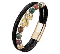 HUIANGLIYG Pulsera Feng Shui Pi Xiu Para Hombre, De Cuero Trenzado Negro Con Piedra Natural, Cierre Magnético Multicapa, Pulsera De Cuerda Para Atraer La Buena Suerte Y La Riqueza, Color Oro-E, 23 Cm