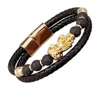HUIANGLIYG Pulsera Feng Shui Pi Xiu Para Hombre, De Cuero Trenzado Negro Con Piedra Natural, Cierre Magnético Multicapa, Pulsera De Cuerda Para Atraer La Buena Suerte Y La Riqueza, Color Oro-A, 23 Cm