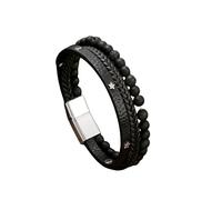 HUIANGLIYG Pulsera Hombre,Pulsera de Cuero con Cuentas de Piedra Natural para Hombre, Brazalete Tejido Multihebras, Estilo Casual, con Estrella, Estilo Vintage, Reike, Unisex, Color Negro, 22 Cm
