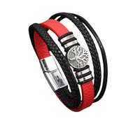 HUIANGLIYG Pulsera Hombre,Pulsera de Cuero Trenzado con Diseño de Árbol de La Vida para Hombre, Multicapa, Hecha A Mano, con Cierre, Estilo Vikingo Vintage, para El Día del Padre, Color Rojo, 23