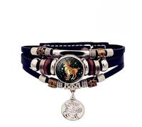 HUIANGLIYG Pulsera Luminosa De 12 Constelaciones Con Signo Del Zodiaco Para Hombre Y Mujer, De Cuero Negro Multicapa, Con Dije De Moneda Redonda Y Signo Del Zodiaco Aries, 21 Cm