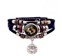 HUIANGLIYG Pulsera Luminosa De 12 Constelaciones Con Signo Del Zodiaco Para Hombre Y Mujer, De Cuero Negro Multicapa, Con Dije De Moneda Redonda Y Signo Del Zodiaco Piscis, 21 Cm