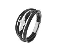 HUIANGLIYG Pulsera Trenzada de Cuero Genuino para Hombre, Hecha A Mano, con Cruz de Varias Capas, con Crucifijo de Jesucristo, Regalo para Hijo, Papá, Esposo, Novio, Plata, 21 Cm