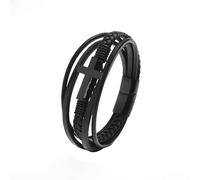 HUIANGLIYG Pulsera Trenzada de Cuero Genuino para Hombre, Hecha A Mano, con Cruz Multicapa, con Crucifijo de Jesucristo, Regalo para Hijo, Papá, Esposo, Novio, Color Negro, 23 Cm