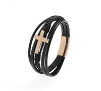 HUIANGLIYG Pulsera Trenzada de Cuero Genuino para Hombre, Hecha A Mano, con Cruz Multicapa, con Crucifijo de Jesucristo, Regalo para Hijo, Papá, Esposo, Novio, Oro, 23 Cm