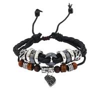 HUIANGLIYG Pulsera Trenzada Multicapa De Cuero Ajustable Con Forma De Cruz, Brazalete Con Hojas, Estilo Bohemio Vintage, Con Cuentas De Madera, Accesorios Grunge De Hadas, Color Negro, 21 Cm
