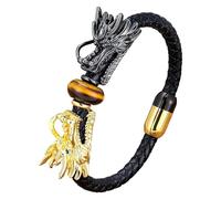 HUIANGLIYG Pulsera Vikinga De Cuero Para Hombre Con Diseño De Dragón, Pulsera De Cuero Trenzado Negro Con Gema Natural Y Doble Cabeza De Dragón, Estilo Punk, Regalo Ideal, Ojo De Tigre - 4, 21 Cm