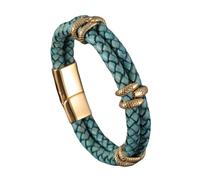 HUIANGLIYG Pulsera Vintage de Cuero para Hombre, Pulsera de Cuero Trenzada de Doble Fila con detalles en Cabeza de Serpiente y Cierre Magnético, Pulsera Punk Estilosa para Él Rock Fans, Cuero Verd