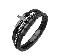 HUIANGLIYG Pulseras De Cuero Trenzado Multicapa, Pulsera De Cruz Negra Con Cierre Magnético, Pulsera De Cuero Religiosa, Joyería, Regalos Para Papá, Esposo, Novio, Hijo, Negro, 21 Cm