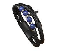 HUIANGLIYG Regalo considerado para Papá, Pulsera de Cruz de Cuero Trenzado Negro con Cuentas de Piedra Natural, Cierre Magnético Vintage, Joyería Religiosa Cristiana para Papá, Esposo, Lapisláz