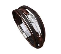 HUIANGLIYG Regalo Ideal para Papá: Pulsera de Cuero Trenzado Multicapa para Hombre con Pluma Plateada, Brazalete Ajustable con Cierre Magnético, Elegante Pulsera Hecha A Mano, Color Marrón Oscuro