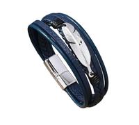 HUIANGLIYG Regalo Ideal para Papá: Pulsera de Cuero Trenzado Multicapa para Hombre con Pluma Plateada, Brazalete Ajustable con Cierre Magnético, Elegante Pulsera Hecha A Mano, Joyería Azul Oscuro