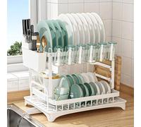 Huianpen Escurridor de Platos de 2 Niveles, Color Blanco con Bandeja de Goteo, utensilio y Soporte para Tabla de Cortar, escurridor de Fregadero para encimera de Cocina