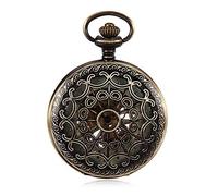 HUIBBGO Reloj de bolsillo con cadena, reloj de bolsillo simple con palabra romana roja, reloj mecánico vintage de bronce con ventana hueca y rejilla, reloj de bolsillo mecánico de cuarzo grabado