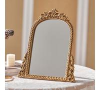 HuiDao Espejo de maquillaje vintage, espejo de mesa de arco tradicional antiguo y elegante, marco de madera, pequeño arendahl tallado de pie, para sala de estar, dormitorio, mesa, 11.8 x 9.6 pulgadas