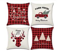 HUIEYE 4piezas Navideñas Para Cojines,Fundas Navideñas Para Cojines De Lino,Navidad Decoración Hogar Fundas Almohada,A Cuadros De Rojo Feliz Navidad Automóviles Almohada Decorativa De Navidad(45x45cm)