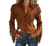 HUIFUAO - Blusas occidentales para mujer, estilo vintage, con flecos, cuello en V, manga larga, borlas, de gamuza, trajes de vaquera, ropa hippie de los años 70, disfraces casuales de moda para