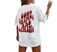 HUIFUAO - Camisetas de gran tamaño para mujer, camisetas de algodón de manga corta con cuello redondo y estampado de letras "Good Things are Coming", blanco, M