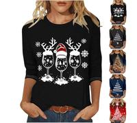 HUIFUAO - Camisetas de Navidad con texto en inglés "Drink Drank Drunk Christmas" para mujer, divertidas copas de vino, camisetas de Navidad, tallas grandes, trajes de Navidad de moda, cuello redondo