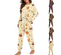 HUIFUAO - Conjunto de Pijama de Halloween para Mujer, Estampado de Calabaza, Fantasma Dormir Divertida, Disfraz de Halloween, Pijama de 2 Piezas, Camiseta de Manga Larga y Pantalones, Z11 Beige, M