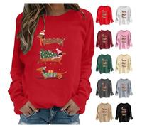 HUIFUAO - Sudadera de Navidad para mujer, diseño divertido de perro salchicha, árbol de Navidad, tops de Navidad de gran tamaño, camisetas de manga larga, ropa de regalo, caqui, S