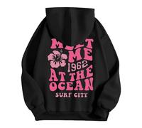 HUIFUAO Sudaderas con capucha para mujer, sudadera de gran tamaño para mujer Meet Me 1962 At The Ocean Surf City, sudaderas con capucha para mujer, Negro, S