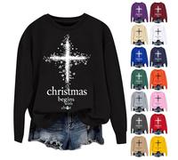 HUIFUAO - Sudaderas de Navidad con texto en inglés "Christmas Begins With Christ" para mujer, divertidas sudaderas cristianas con estampado de cruz de fe, sudaderas inspiradoras de Dios religioso