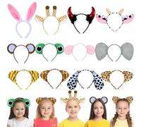 Huiguli 12 Piezas Diadema Orejas de Animales, Diadema de Animales con Elefantes, Tigres, Leopardos, Jirafas, Conejos, Rana, Diadema de Orejas de Animales Cosplay para Niños Adultos Halloween Carnaval