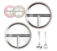Huiguli 2 Piezas Plato de Acero Inoxidable 304 Infantil, 23 cm Platos Divididos Con Ventosa, Plato Bebe Con Cuchara y Tenedor, Juego de Vajilla Para Niños, Sin BPA