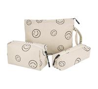 Huiguli 3 Piezas Bolsa de Maquillaje, Bolsa de Pana con Impresión de Sonrisa, Material Interior de Lona Mejorado, Bolsa Organizadora de Maquillaje, Bolsa de Tocador para Mujer Niña, Beis