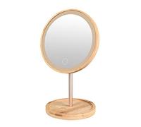 HUIKJI Espejo de maquillaje de madera de bambú Led Espejos cosméticos de escritorio,Lámpara de belleza táctil ajustable con batería recargable USB