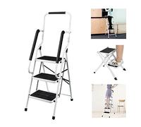 Huini - Taburete de 3 peldaños con pasamanos de acero plegable, escalera de tijera plegable hasta 150 kg para el hogar, la cocina o la oficina