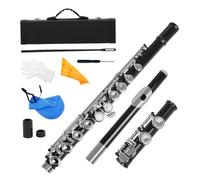 HUIOP flauta,Flauta Travesera Cuproníquel Plateado 16 Agujeros C clave Instrumento de Viento de Madera con Grease Cork Paño de Limpieza Guantes Palillo Mini Acolchado Caso Destornillador,Flauta de 16