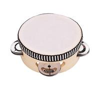 HUIOP Pandereta de mano de madera de 4 pulgadas con jingles de metal de una sola fila Piel de oveja Tambor de piel Panderetas Entretenimiento Timbrel musical para adultos Dancine Singing Party,tambori
