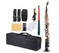 HUIOP Saxofón soprano recto de latón Saxofón Bb B Instrumento de viento de madera plano Patrón tallado de llave de concha natural con estuche de transporte Guantes Paño de limpieza Correas Varilla de